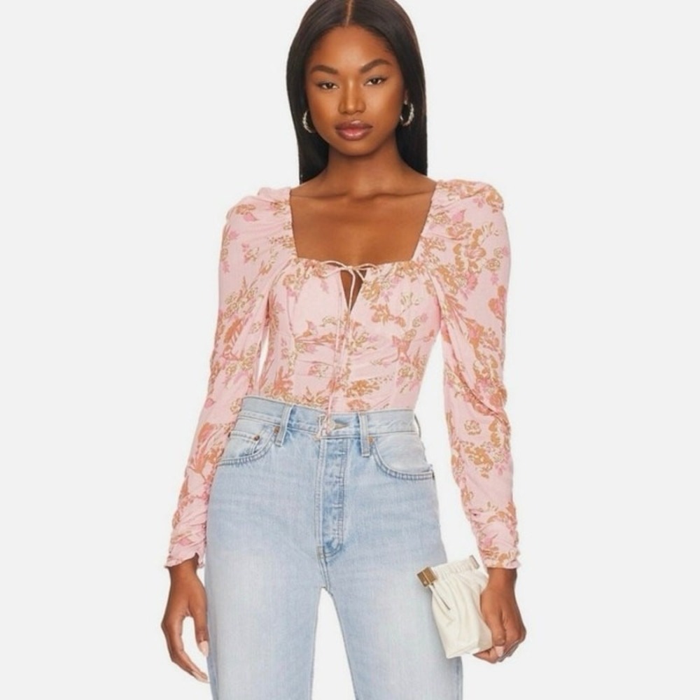 Free People Hilary Printed Top Womens M Pink Floral Ruched Puff Sleeve Smocked